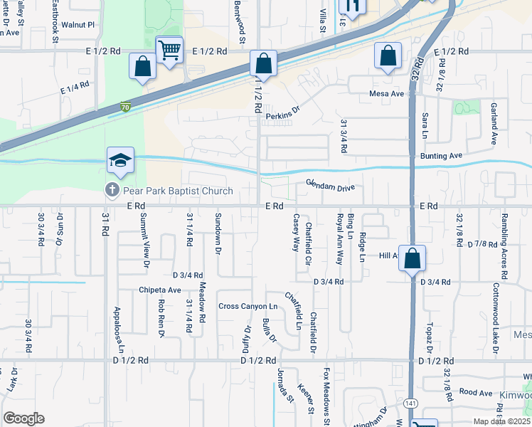 map of restaurants, bars, coffee shops, grocery stores, and more near 3153 E Road in Grand Junction