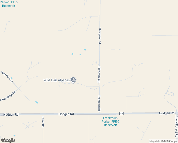 map of restaurants, bars, coffee shops, grocery stores, and more near 16860 Thompson Road in Colorado Springs