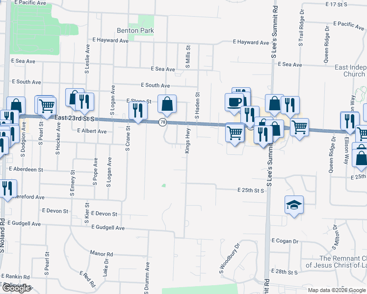 map of restaurants, bars, coffee shops, grocery stores, and more near 1322 Kings Highway in Independence