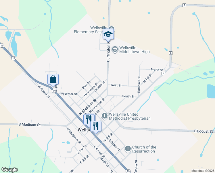 map of restaurants, bars, coffee shops, grocery stores, and more near State Route AA in Wellsville