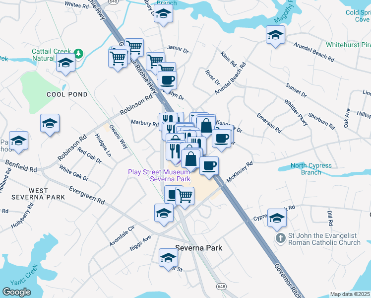 map of restaurants, bars, coffee shops, grocery stores, and more near 552 Ritchie Highway in Severna Park