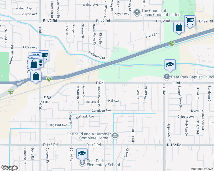 map of restaurants, bars, coffee shops, grocery stores, and more near 3057 Austin Court in Grand Junction