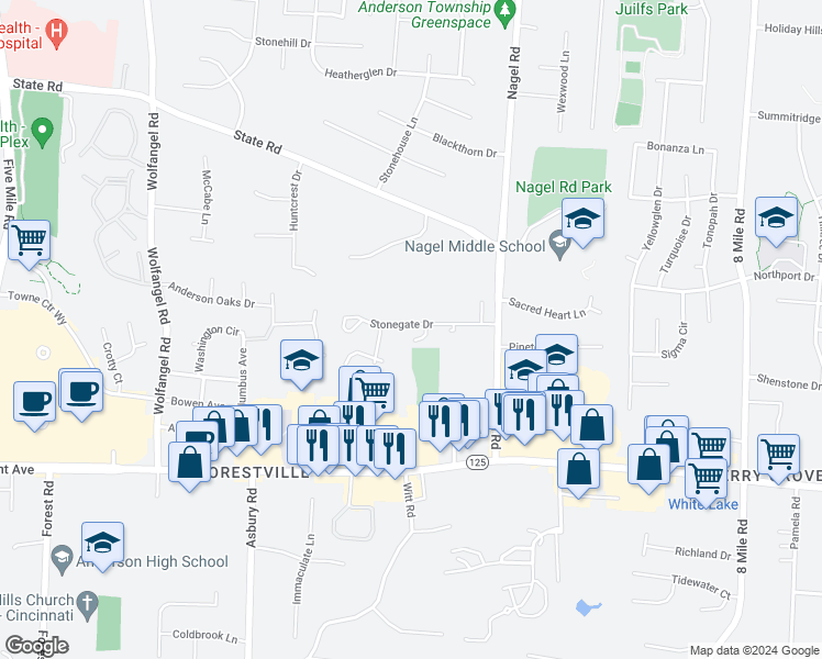 map of restaurants, bars, coffee shops, grocery stores, and more near 1380 Pebble Court in Cincinnati