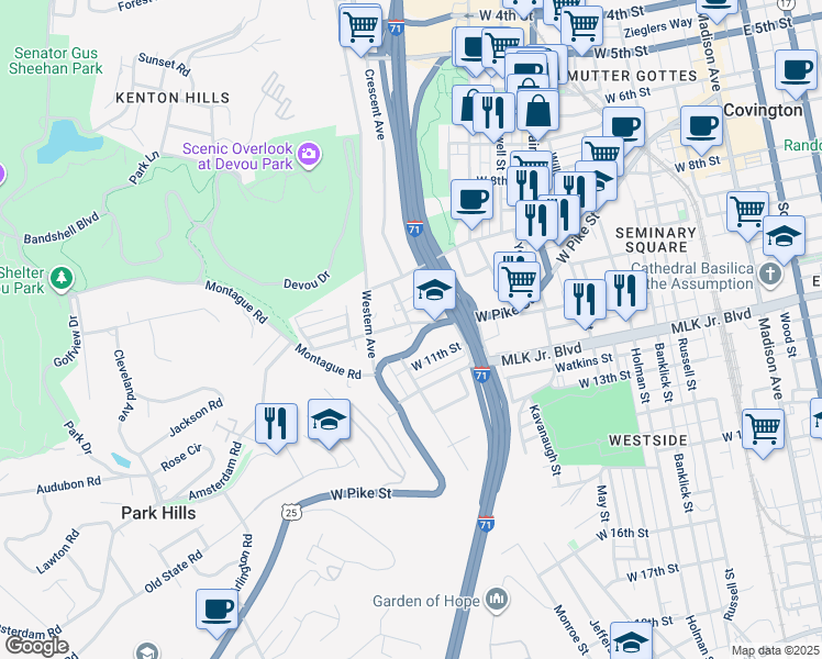 map of restaurants, bars, coffee shops, grocery stores, and more near 627 West Pike Street in Covington