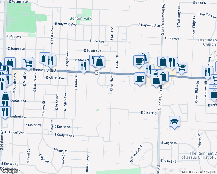 map of restaurants, bars, coffee shops, grocery stores, and more near 1322 Kings Highway in Independence