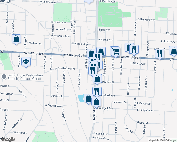 map of restaurants, bars, coffee shops, grocery stores, and more near 1340 South Noland Road in Independence