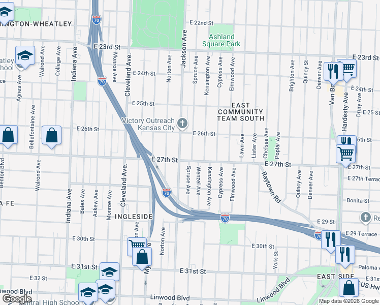 map of restaurants, bars, coffee shops, grocery stores, and more near 2645 Spruce Avenue in Kansas City