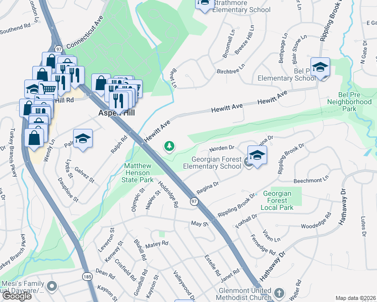 map of restaurants, bars, coffee shops, grocery stores, and more near Matthew Henson Trail in Silver Spring