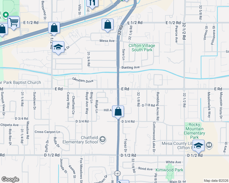 map of restaurants, bars, coffee shops, grocery stores, and more near 492 1/2 Mountain Drive in Grand Junction