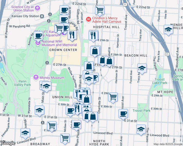 map of restaurants, bars, coffee shops, grocery stores, and more near 2736 Holmes Street in Kansas City