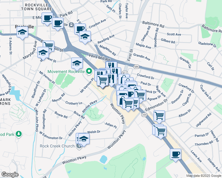 map of restaurants, bars, coffee shops, grocery stores, and more near 797 Rockville Pike in Rockville