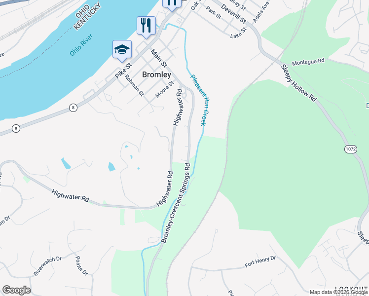 map of restaurants, bars, coffee shops, grocery stores, and more near 667 Bromley-Crescent Springs Road in Bromley