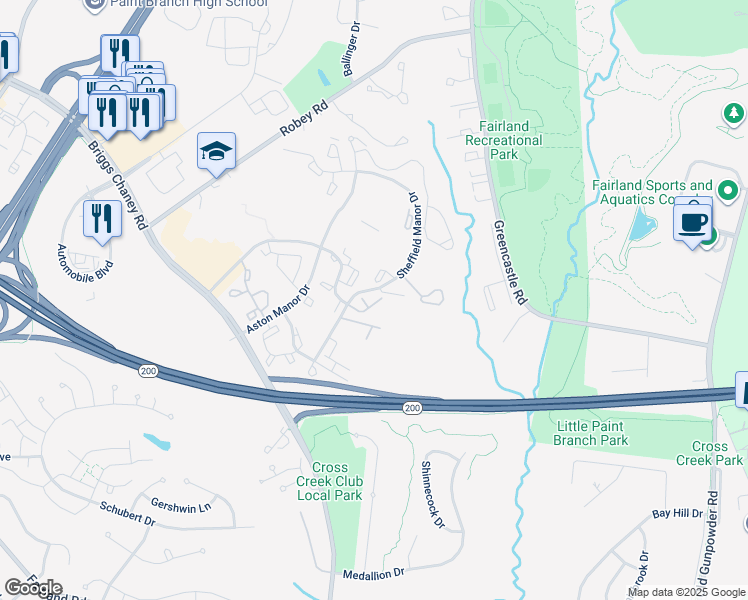 map of restaurants, bars, coffee shops, grocery stores, and more near 13408 Shady Knoll Drive in Silver Spring