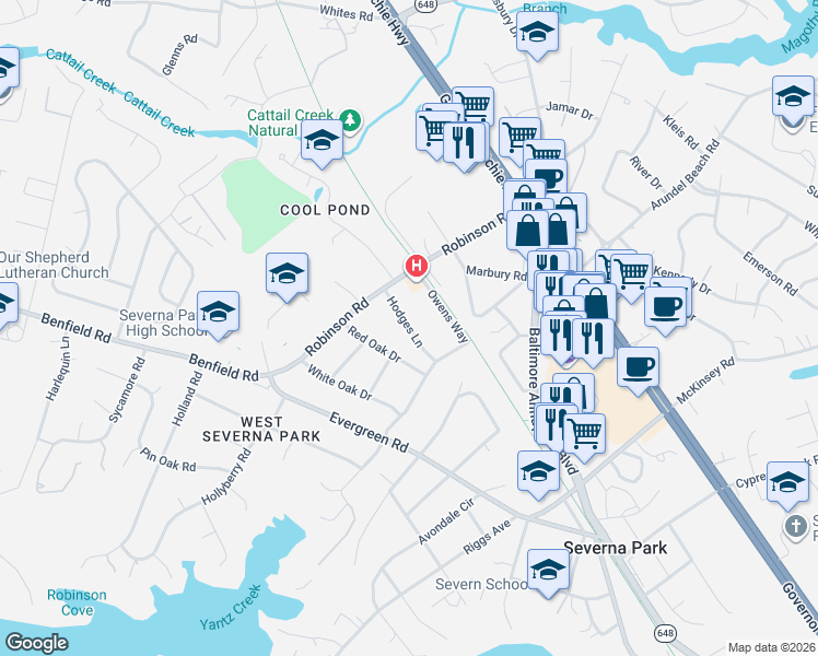 map of restaurants, bars, coffee shops, grocery stores, and more near Hodges Lane in Severna Park