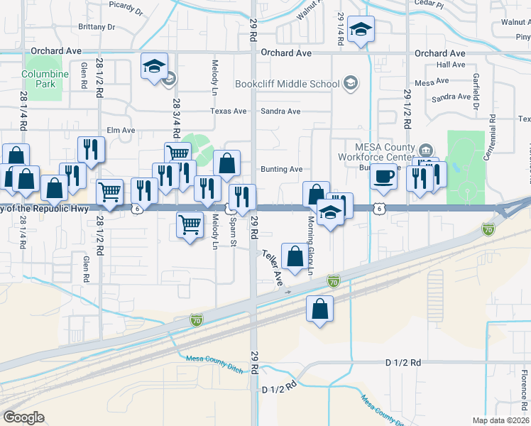 map of restaurants, bars, coffee shops, grocery stores, and more near 2903 North Avenue in Grand Junction