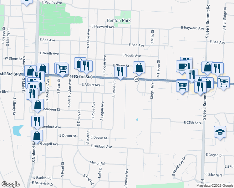 map of restaurants, bars, coffee shops, grocery stores, and more near 1306 Randall Road in Independence