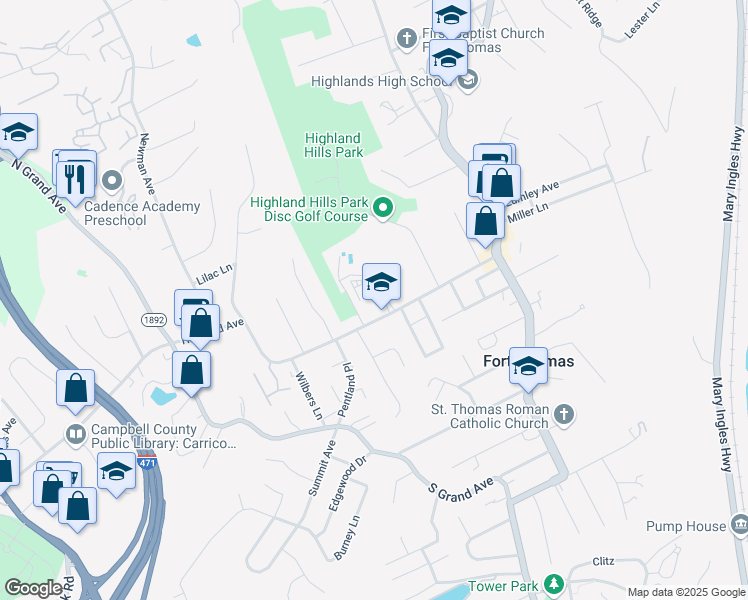 map of restaurants, bars, coffee shops, grocery stores, and more near 219 Highland Avenue in Fort Thomas
