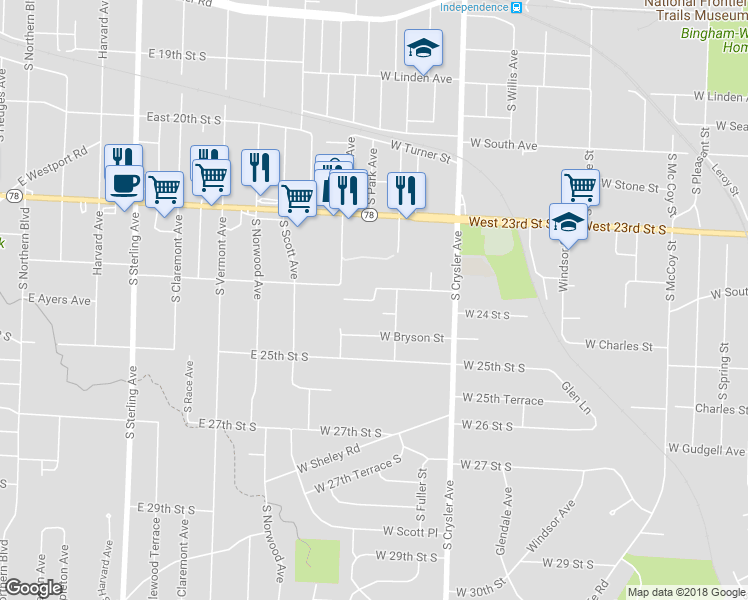 map of restaurants, bars, coffee shops, grocery stores, and more near 829 West 24th Terrace South in Independence