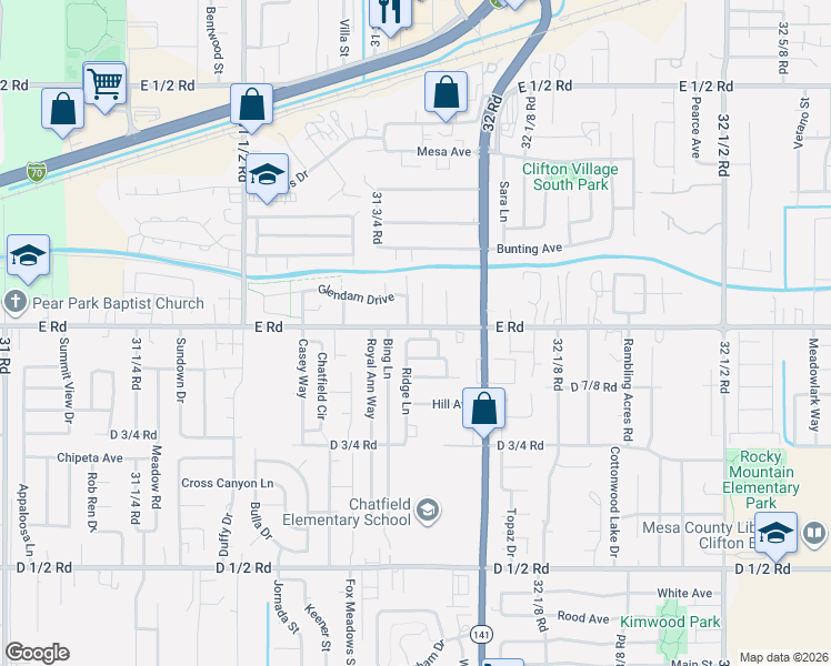 map of restaurants, bars, coffee shops, grocery stores, and more near 3184 Brook View Way in Grand Junction
