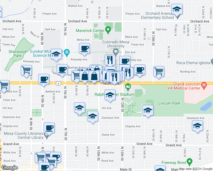 map of restaurants, bars, coffee shops, grocery stores, and more near 1036 Belford Avenue in Grand Junction