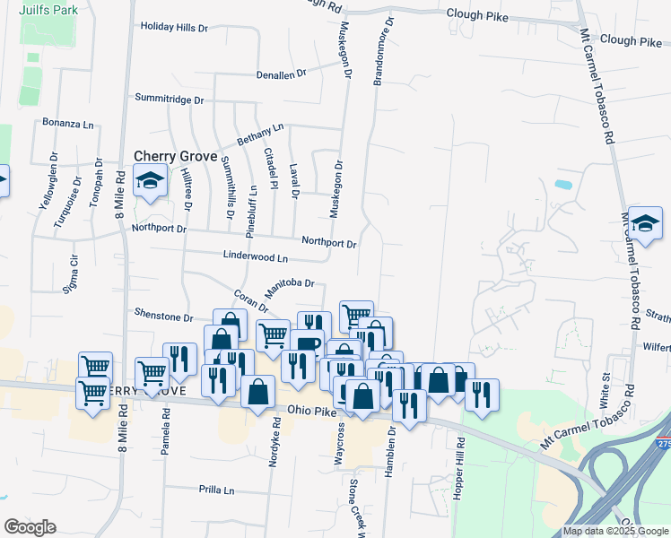 map of restaurants, bars, coffee shops, grocery stores, and more near 430 Birchwood Drive in Cincinnati