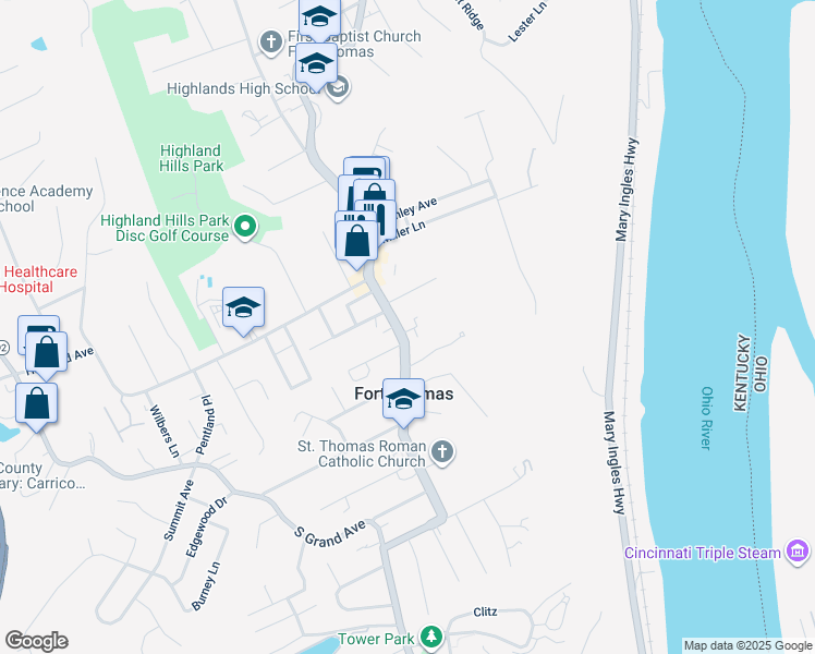 map of restaurants, bars, coffee shops, grocery stores, and more near in Fort Thomas