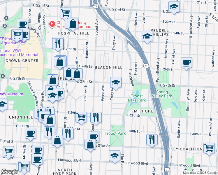 map of restaurants, bars, coffee shops, grocery stores, and more near 2770 Tracy Avenue in Kansas City