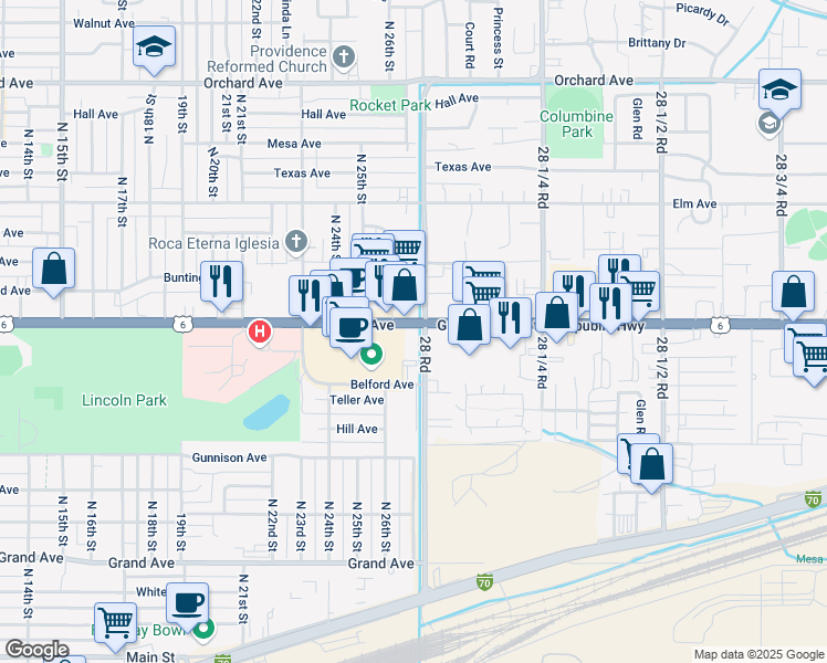 map of restaurants, bars, coffee shops, grocery stores, and more near 484 28 Rd in Grand Junction