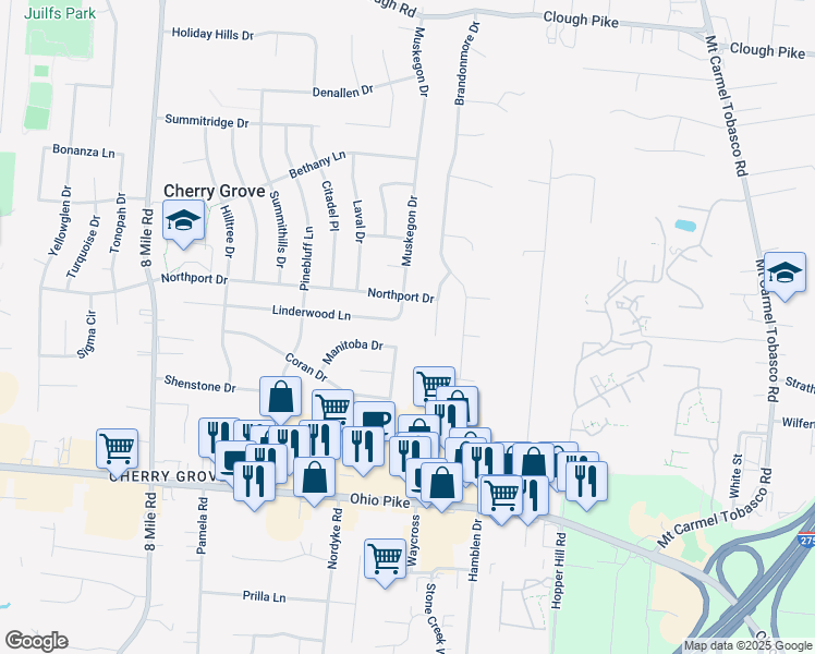 map of restaurants, bars, coffee shops, grocery stores, and more near 430 Birchwood Drive in Cincinnati