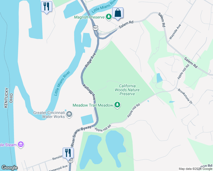 map of restaurants, bars, coffee shops, grocery stores, and more near California Woods in Cincinnati