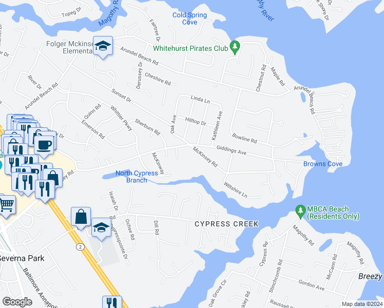 map of restaurants, bars, coffee shops, grocery stores, and more near 201 McKinsey Road in Severna Park