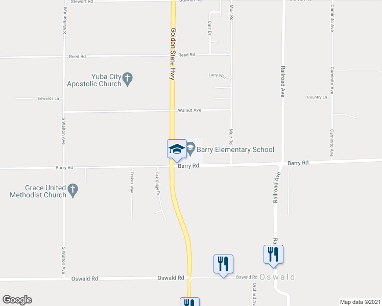 map of restaurants, bars, coffee shops, grocery stores, and more near 1255 Barry Road in Yuba City