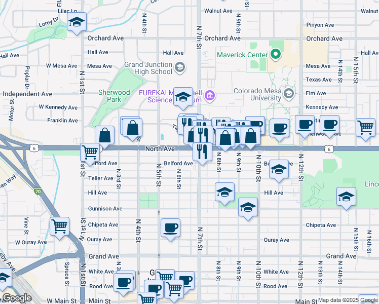 map of restaurants, bars, coffee shops, grocery stores, and more near 602 Belford Avenue in Grand Junction