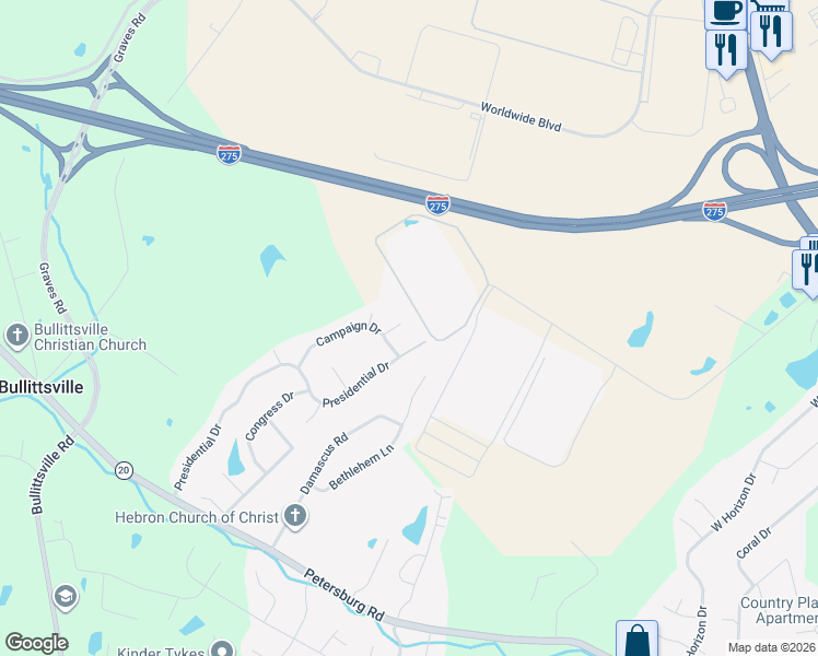 map of restaurants, bars, coffee shops, grocery stores, and more near 3457 Patriot Court in Hebron