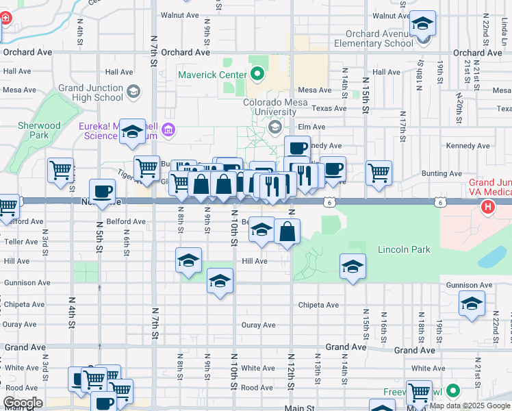 map of restaurants, bars, coffee shops, grocery stores, and more near 1036 Belford Avenue in Grand Junction