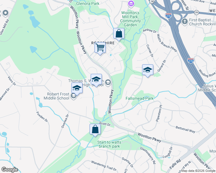 map of restaurants, bars, coffee shops, grocery stores, and more near 2100 Wootton Parkway in Rockville