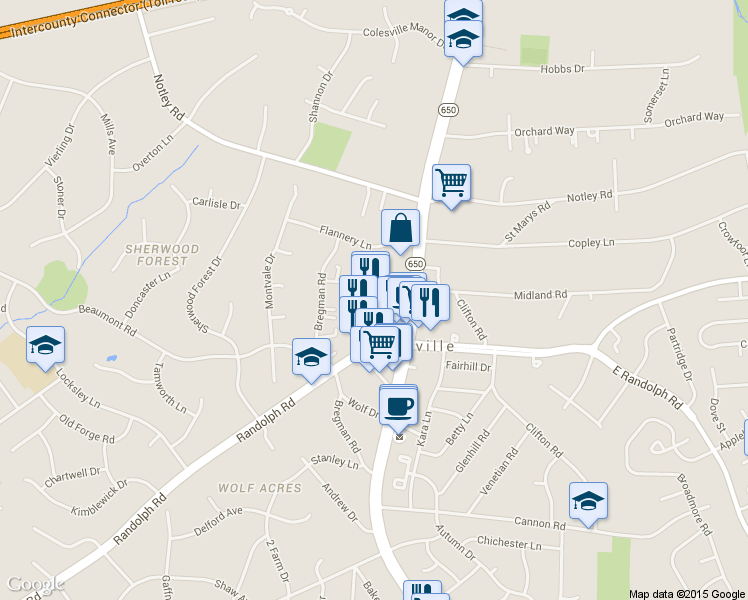 map of restaurants, bars, coffee shops, grocery stores, and more near 13490 New Hampshire Avenue in Colesville