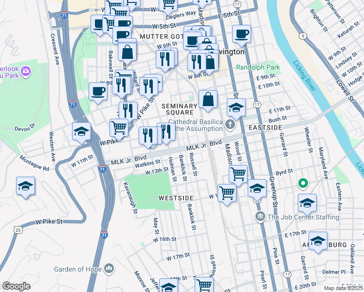 map of restaurants, bars, coffee shops, grocery stores, and more near 1213 Banklick Street in Covington