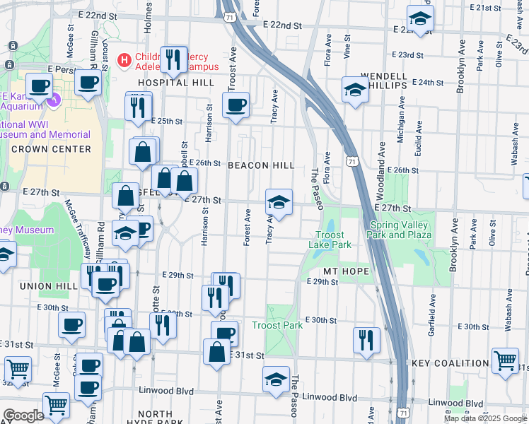 map of restaurants, bars, coffee shops, grocery stores, and more near 2770 Tracy Avenue in Kansas City