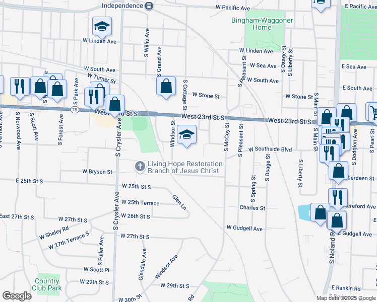 map of restaurants, bars, coffee shops, grocery stores, and more near 1301 Windsor Street in Independence