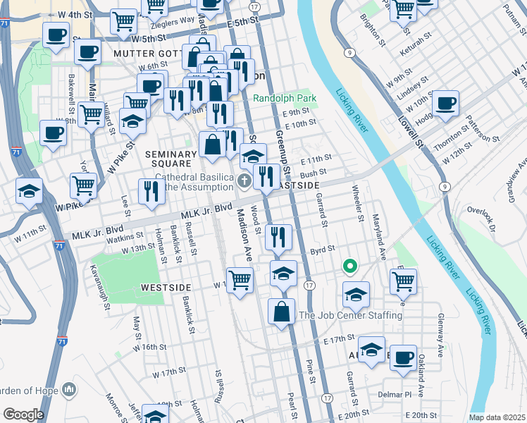 map of restaurants, bars, coffee shops, grocery stores, and more near 1221 Scott Boulevard in Covington
