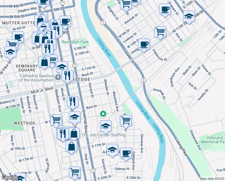 map of restaurants, bars, coffee shops, grocery stores, and more near 1311 Maryland Avenue in Covington
