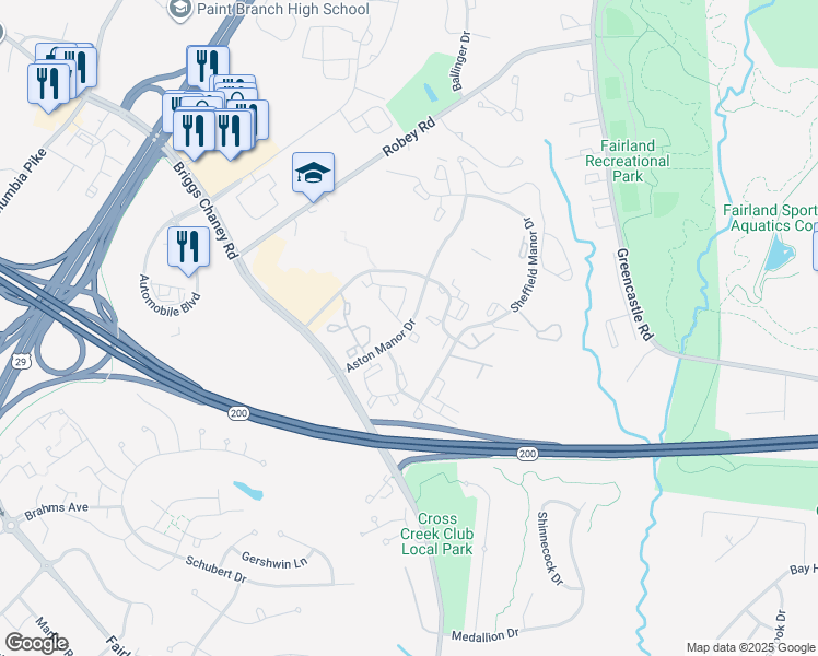map of restaurants, bars, coffee shops, grocery stores, and more near 13537 Aston Manor Drive in Silver Spring