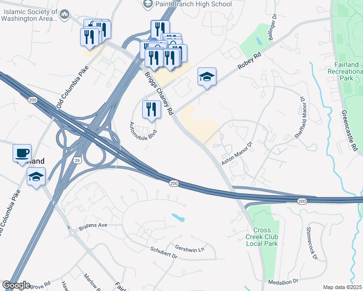 map of restaurants, bars, coffee shops, grocery stores, and more near 3301 Briggs Chaney Road in Silver Spring