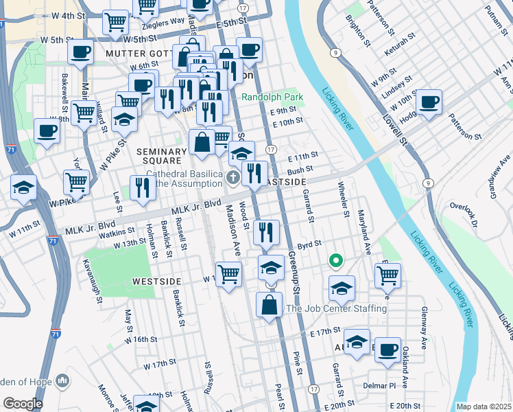 map of restaurants, bars, coffee shops, grocery stores, and more near 1202 Scott Boulevard in Covington