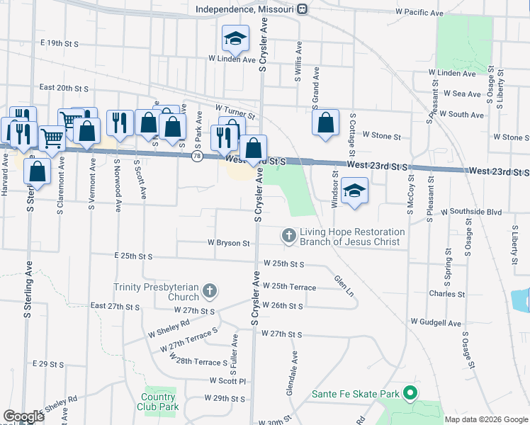 map of restaurants, bars, coffee shops, grocery stores, and more near 2344 South Crysler Avenue in Independence