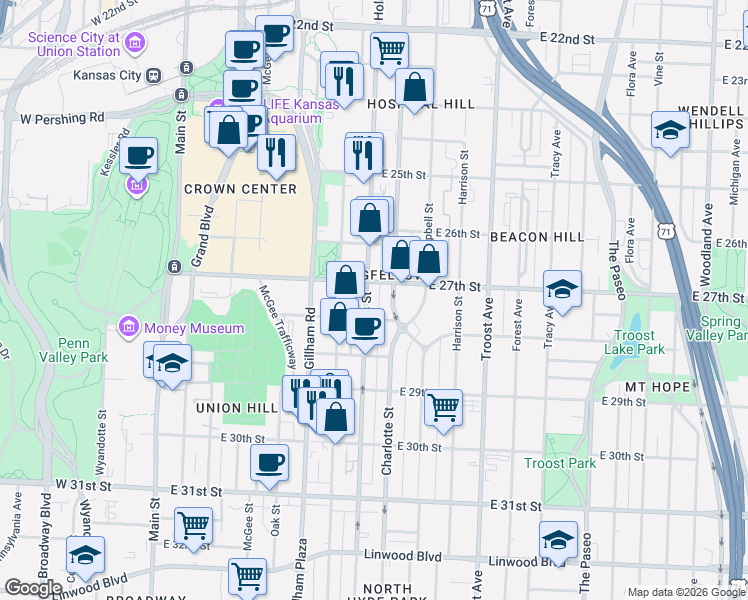 map of restaurants, bars, coffee shops, grocery stores, and more near 615 East 27th Street in Kansas City