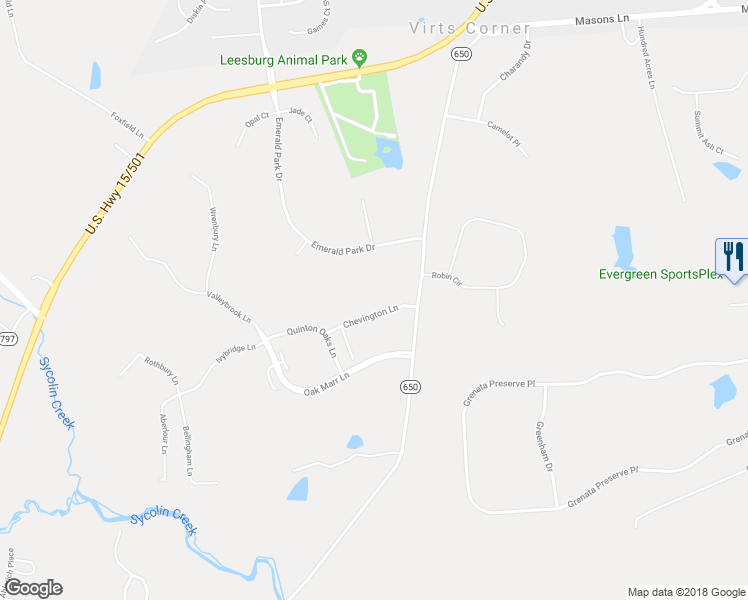 map of restaurants, bars, coffee shops, grocery stores, and more near 40736 Chevington Lane in Leesburg