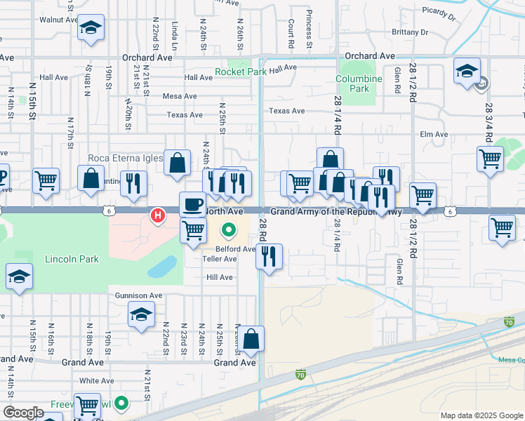 map of restaurants, bars, coffee shops, grocery stores, and more near 2650 North Avenue in Grand Junction
