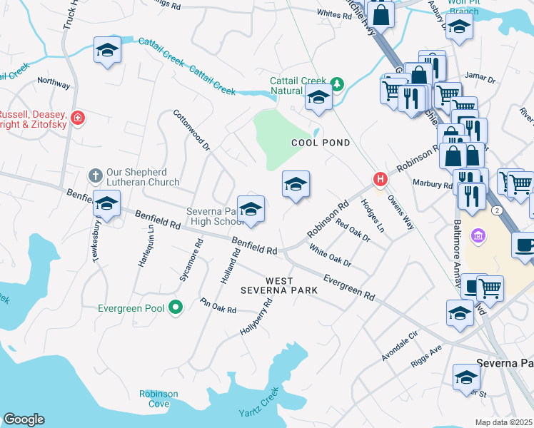 map of restaurants, bars, coffee shops, grocery stores, and more near 60 Robinson Road in Severna Park